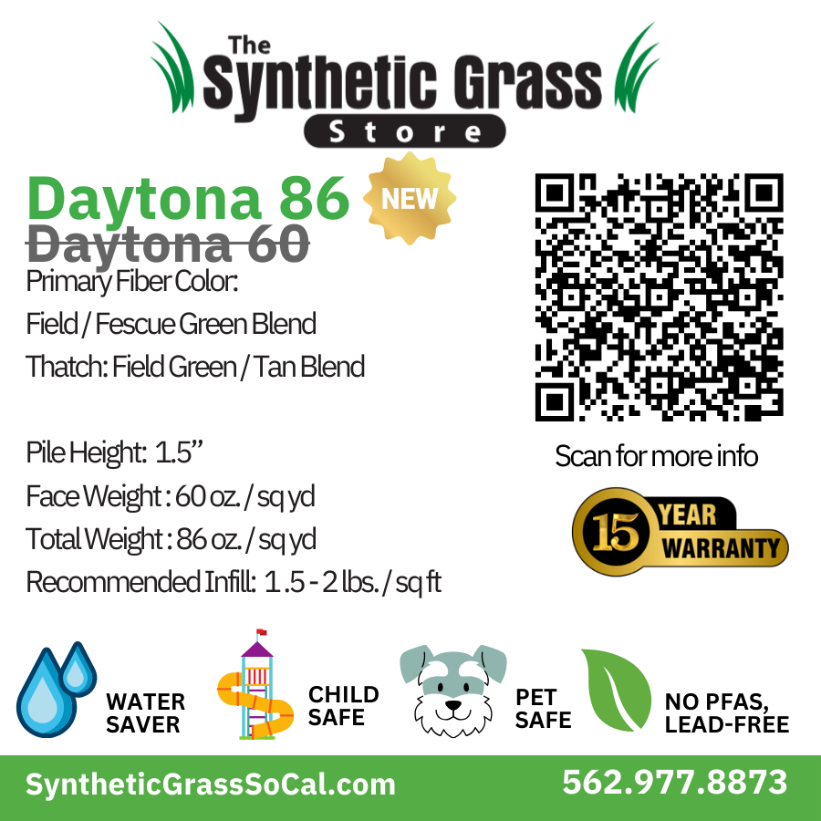 Product card with text showing turf Daytona 60 is now named Daytona 86 to reflect the product's total weight